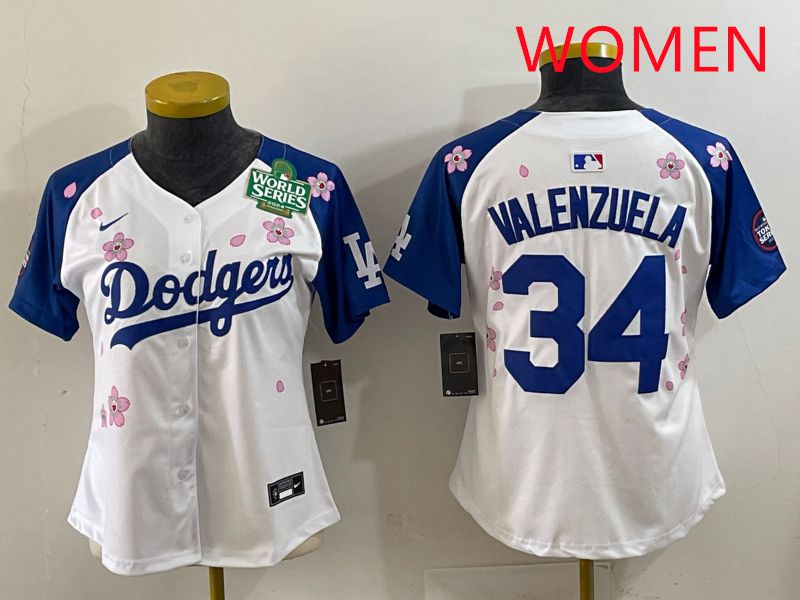 Women Los Angeles Dodgers #34 Valenzuela White Blue Sakura Edition 2025 Nike MLB Jersey style 34->women mlb jersey->Women Jersey